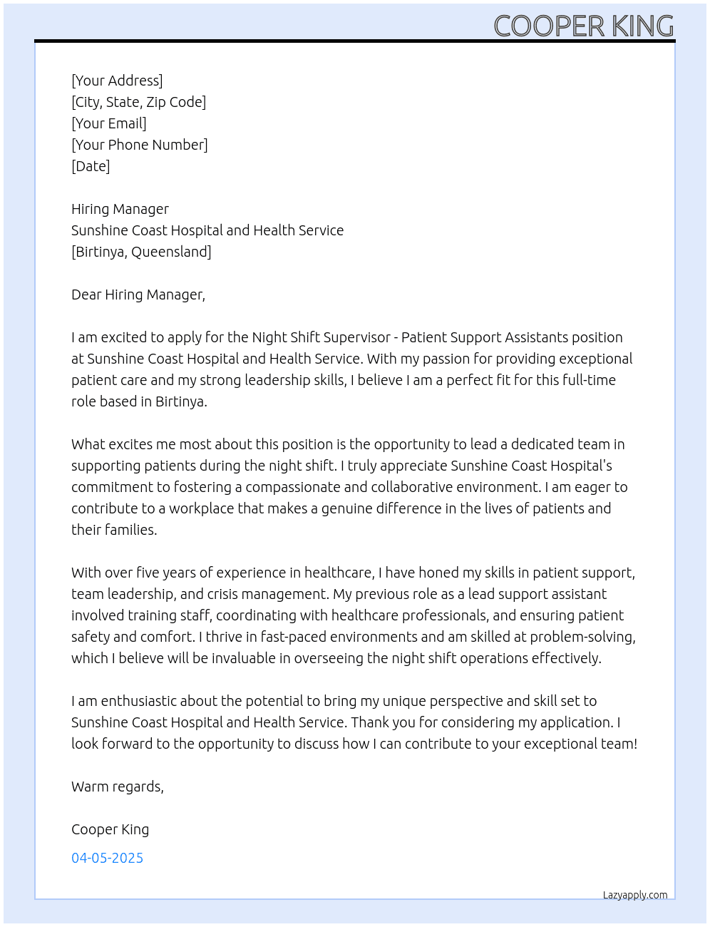 Cover letter for night shift supervisor - patient support assistants - LazyApply