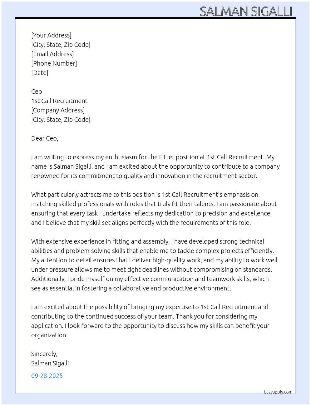Fitter  At 1st Call Recruitment Cover Letter