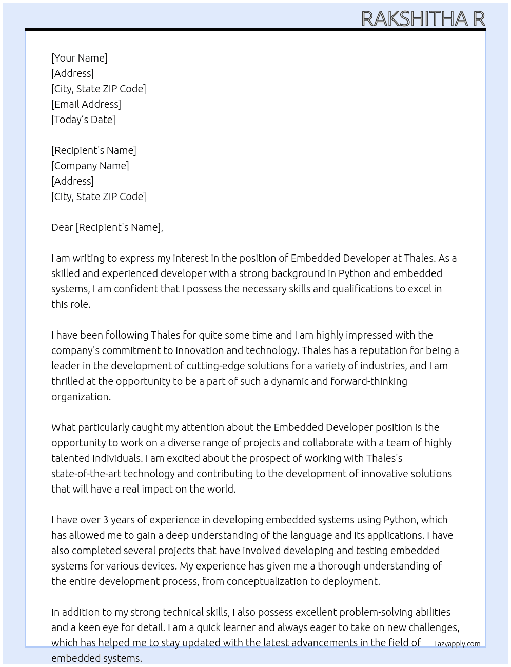 Embedded Developer At Thales Cover Letter