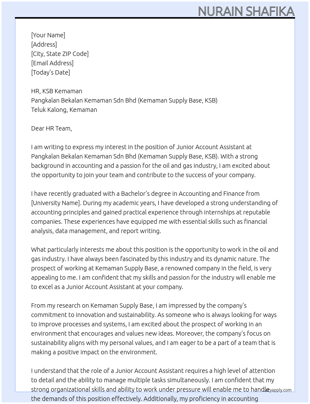 Cover letter for junior account assistant - LazyApply
