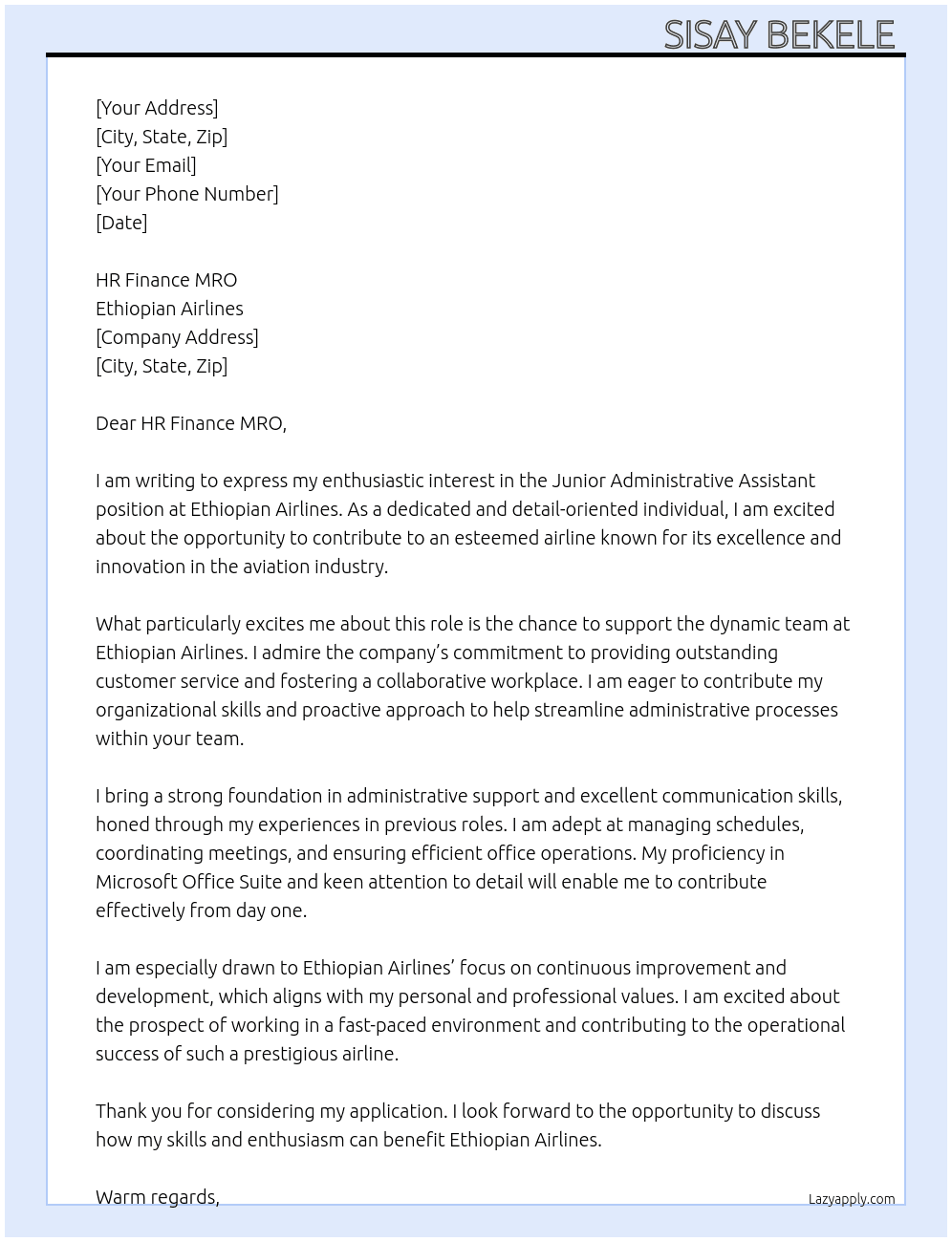 Cover letter for junior admintrative assistant - LazyApply
