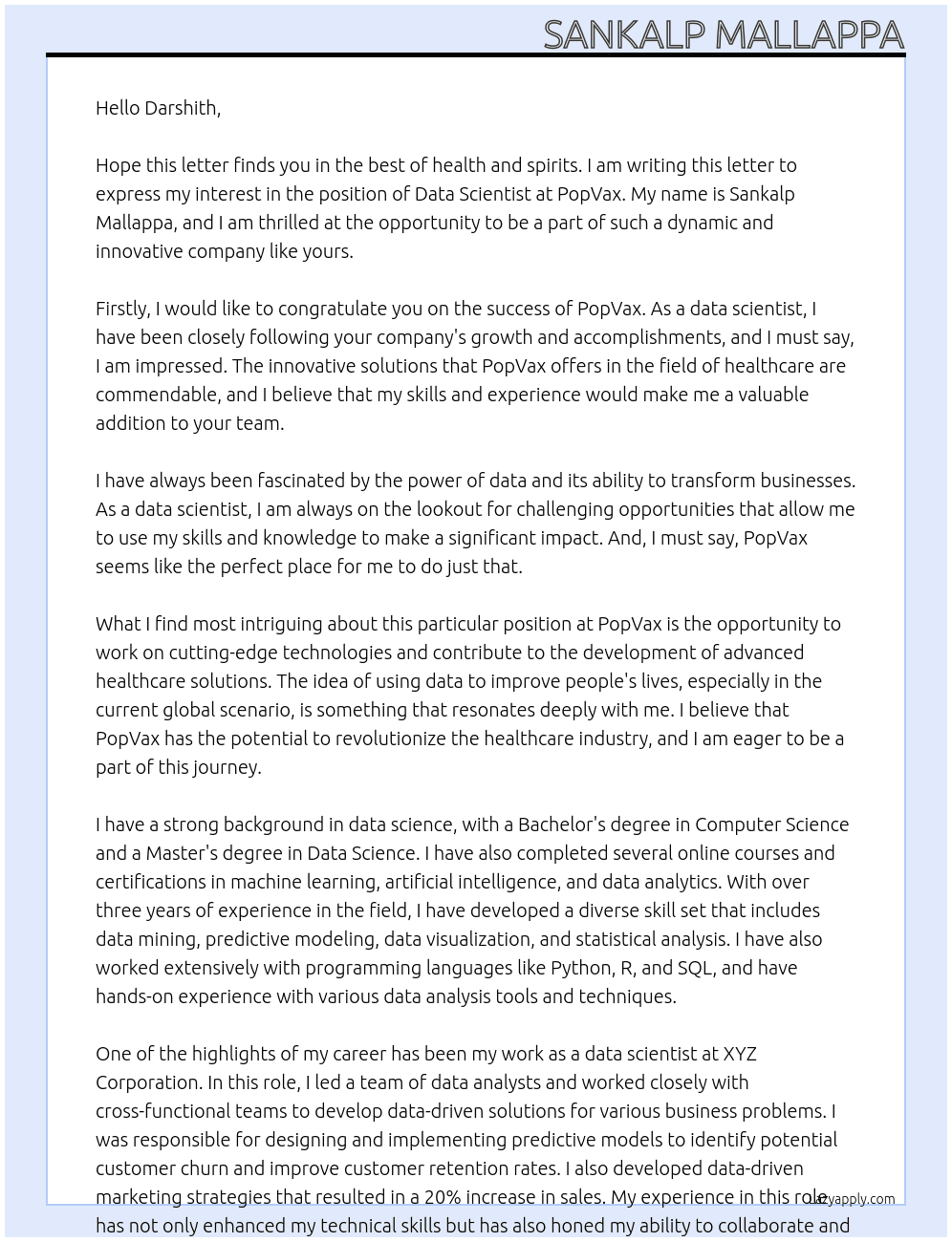 Data Scientist At PopVax Cover Letter
