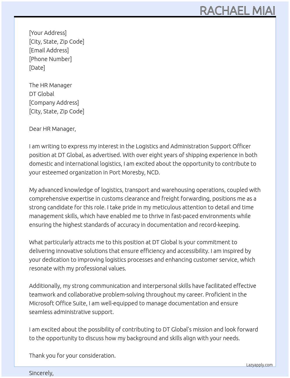 Logistics and Administration Support Officer At DT Global Cover Letter