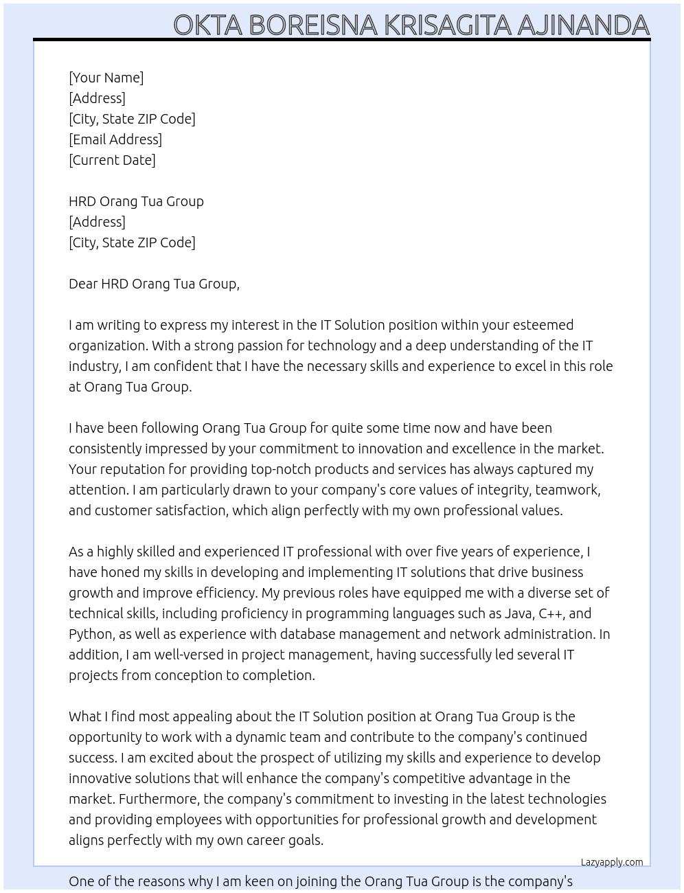Cover letter for it solution - LazyApply