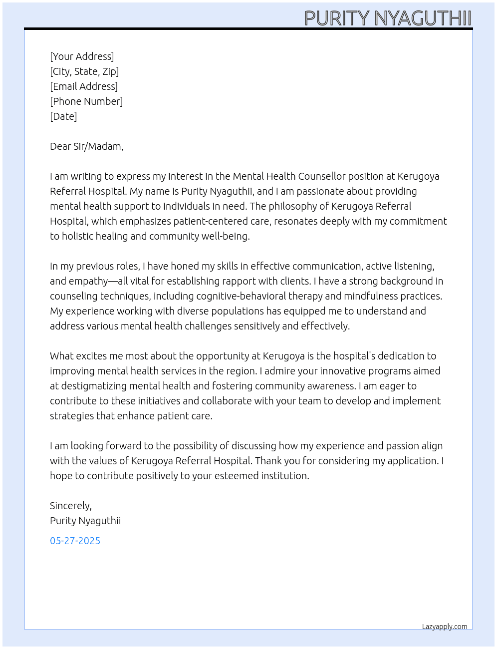 mental health counsellor At Kerugoya Referal hospital Cover Letter