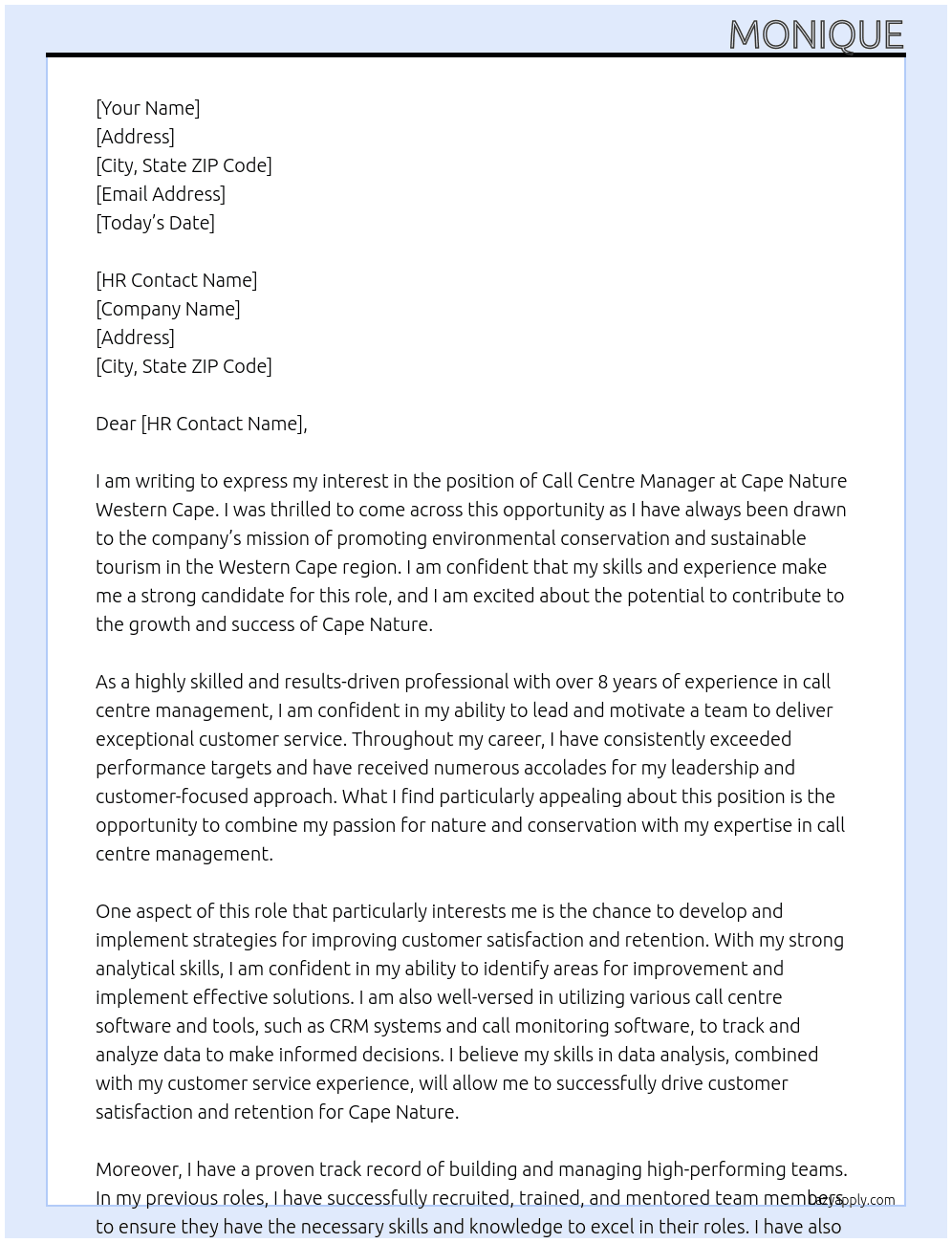 Cover letter for call centre manager - LazyApply