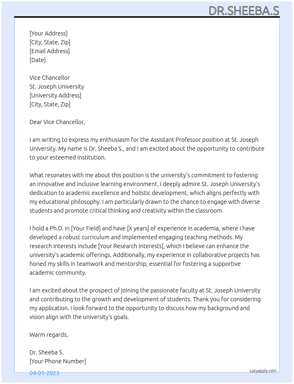 assisstant profeesor At St Joseph University Cover Letter