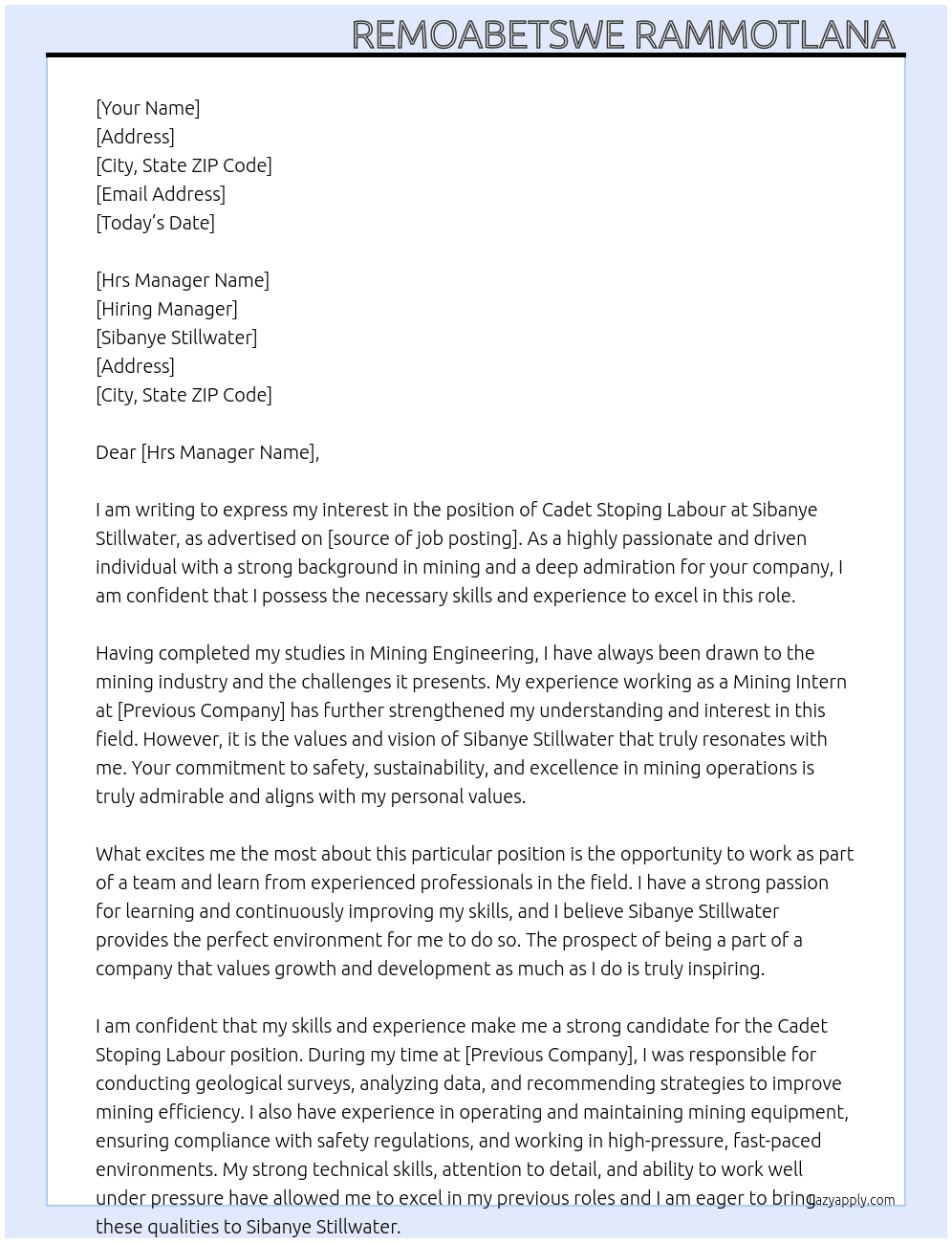 Cover letter for cadet stoping labour - LazyApply