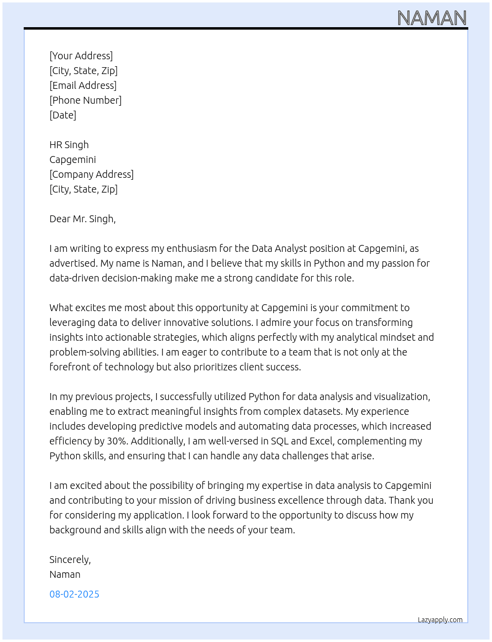 data Analyst At capgemini Cover Letter