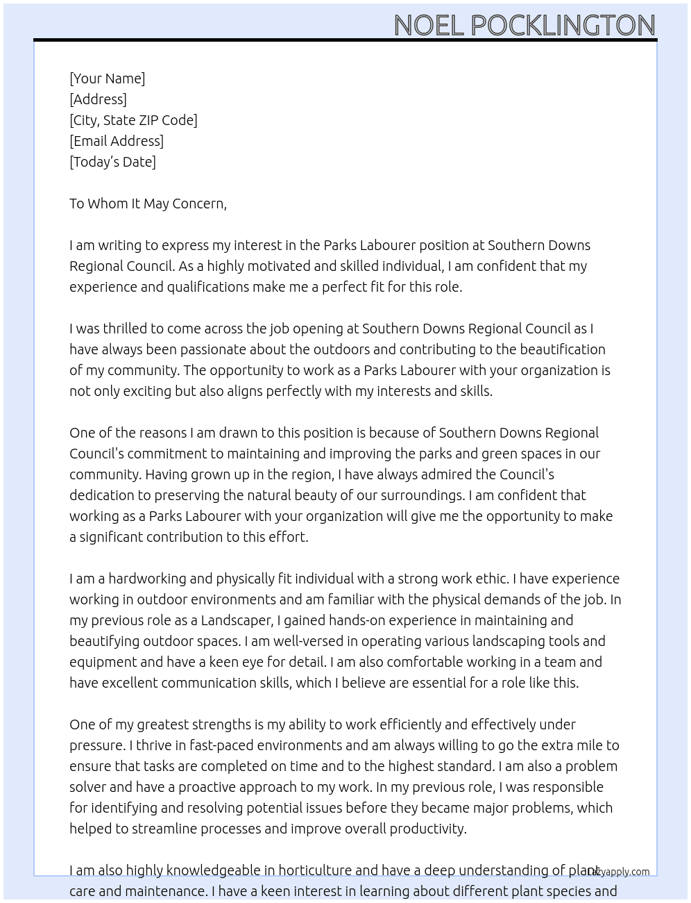 Cover letter for parks labourer - LazyApply