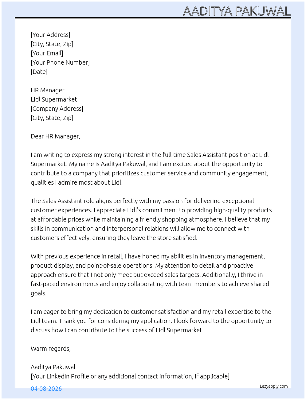 Sales Assistant At Lidl Supermarket Cover Letter