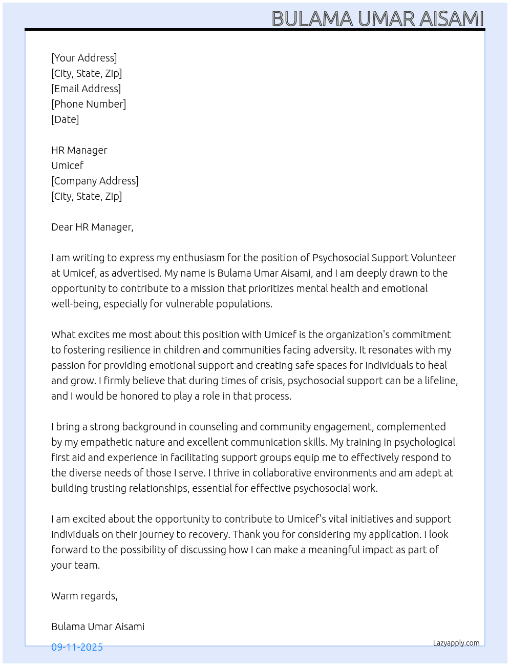 Psycho social support volunteer  At Umicef Cover Letter