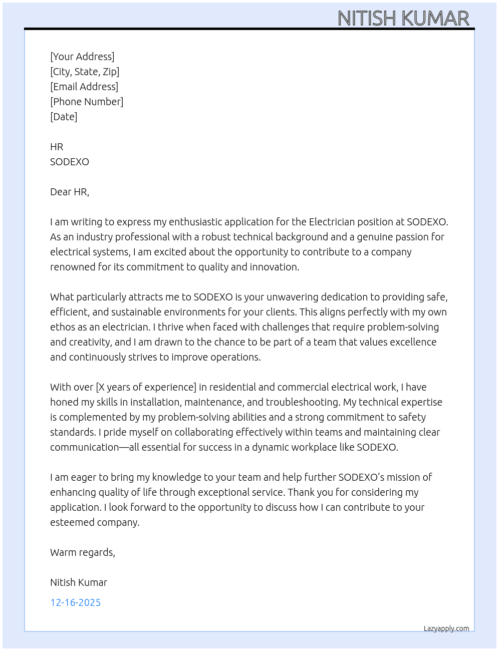 Electrician At SODEXO Cover Letter