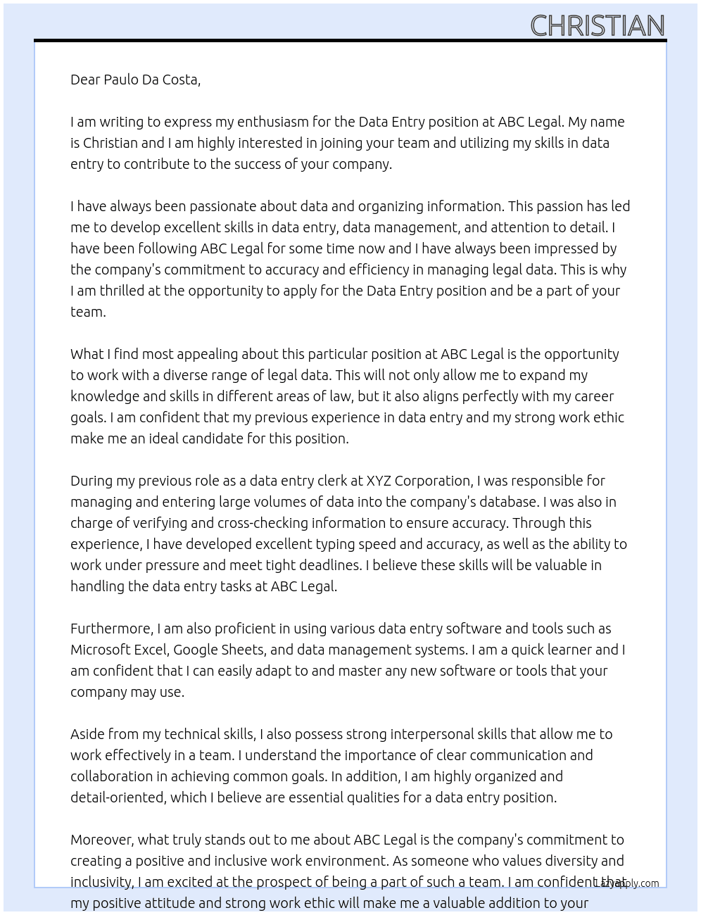 Data Entry At ABC Legal Cover Letter