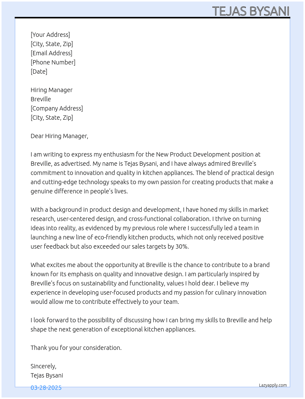 New Product Development  At Breville Cover Letter