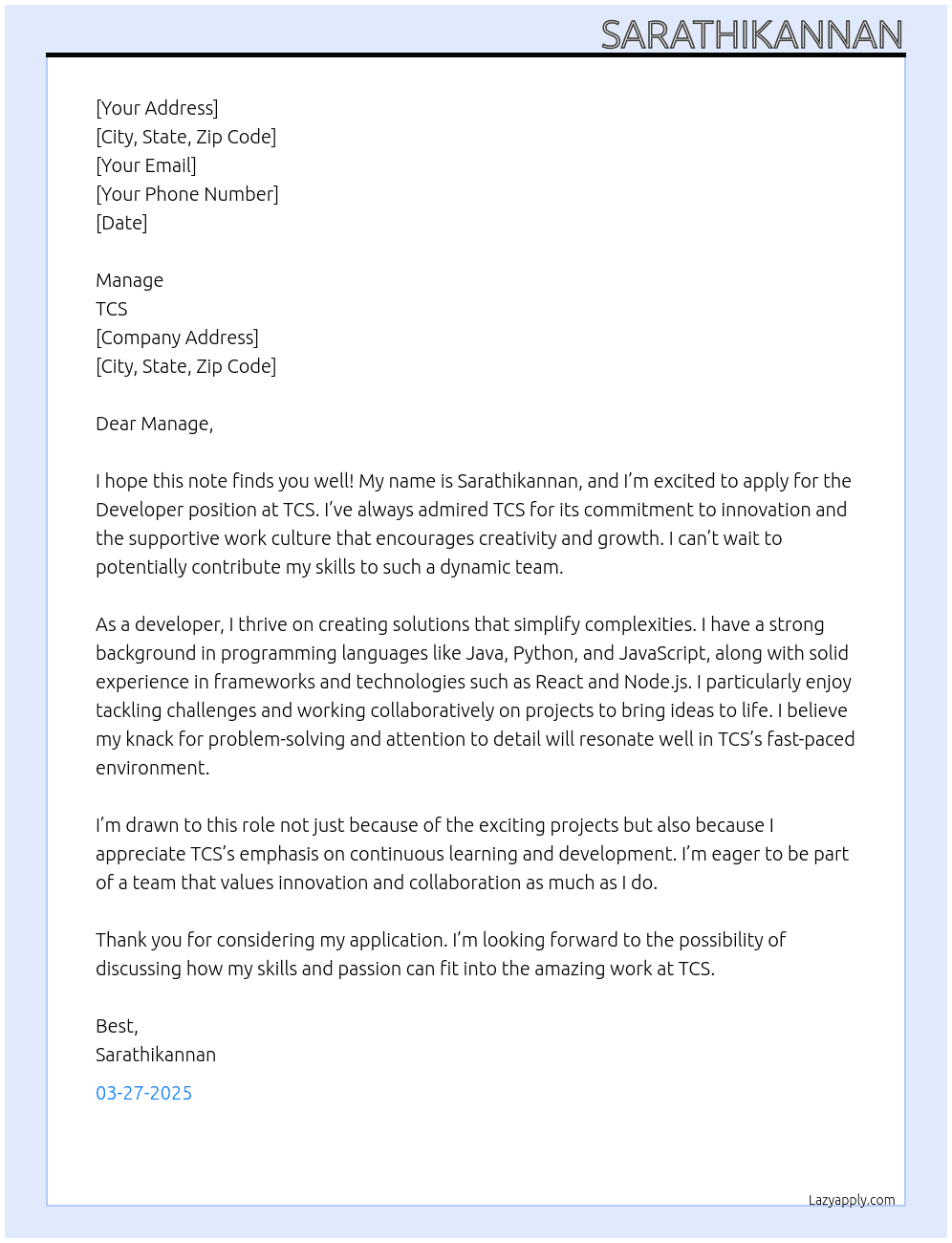 Developer At Tcs Cover Letter