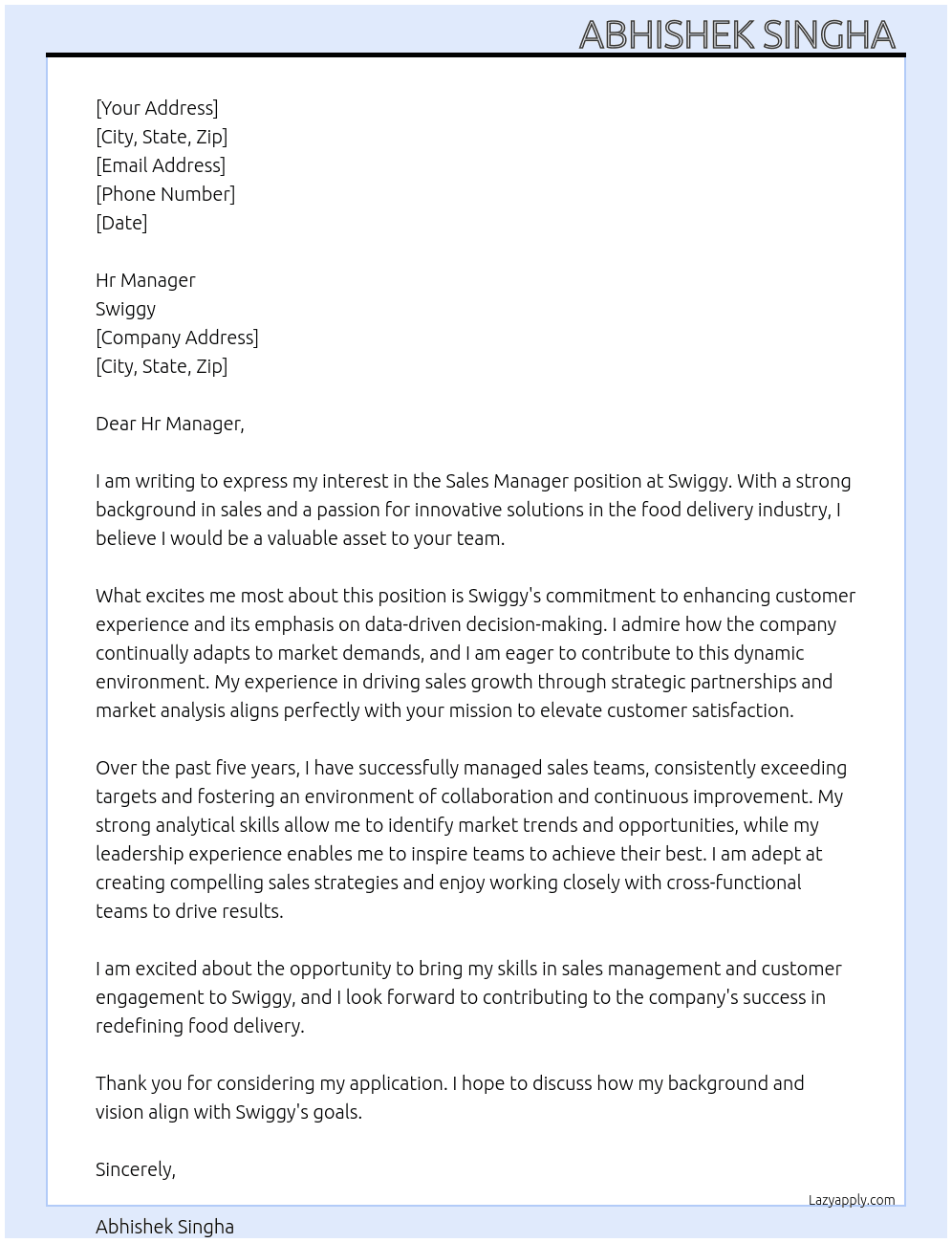 Sales Manager  At Swiggy Cover Letter