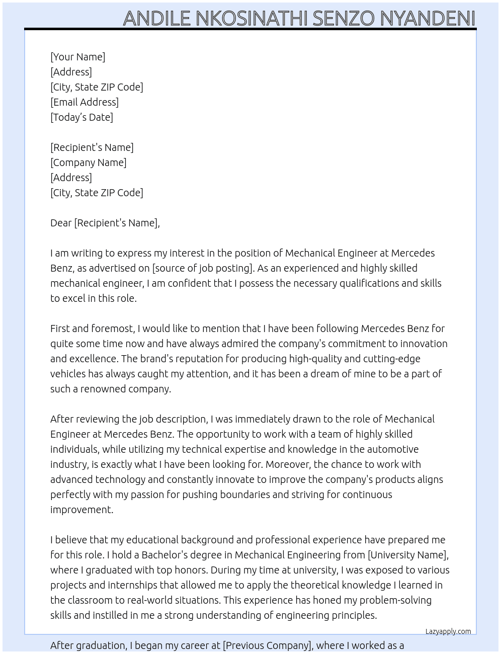 Mechanical Engineer At Mercedes Benz Cover Letter