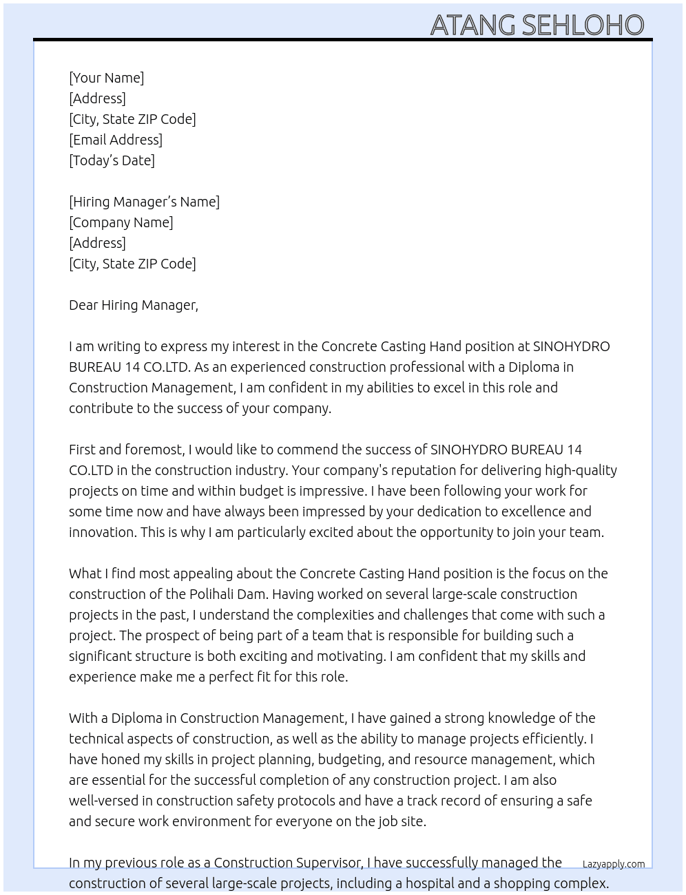 Concrete casting hand At SINOHYDRO BUREAU 14 CO.LTD Cover Letter