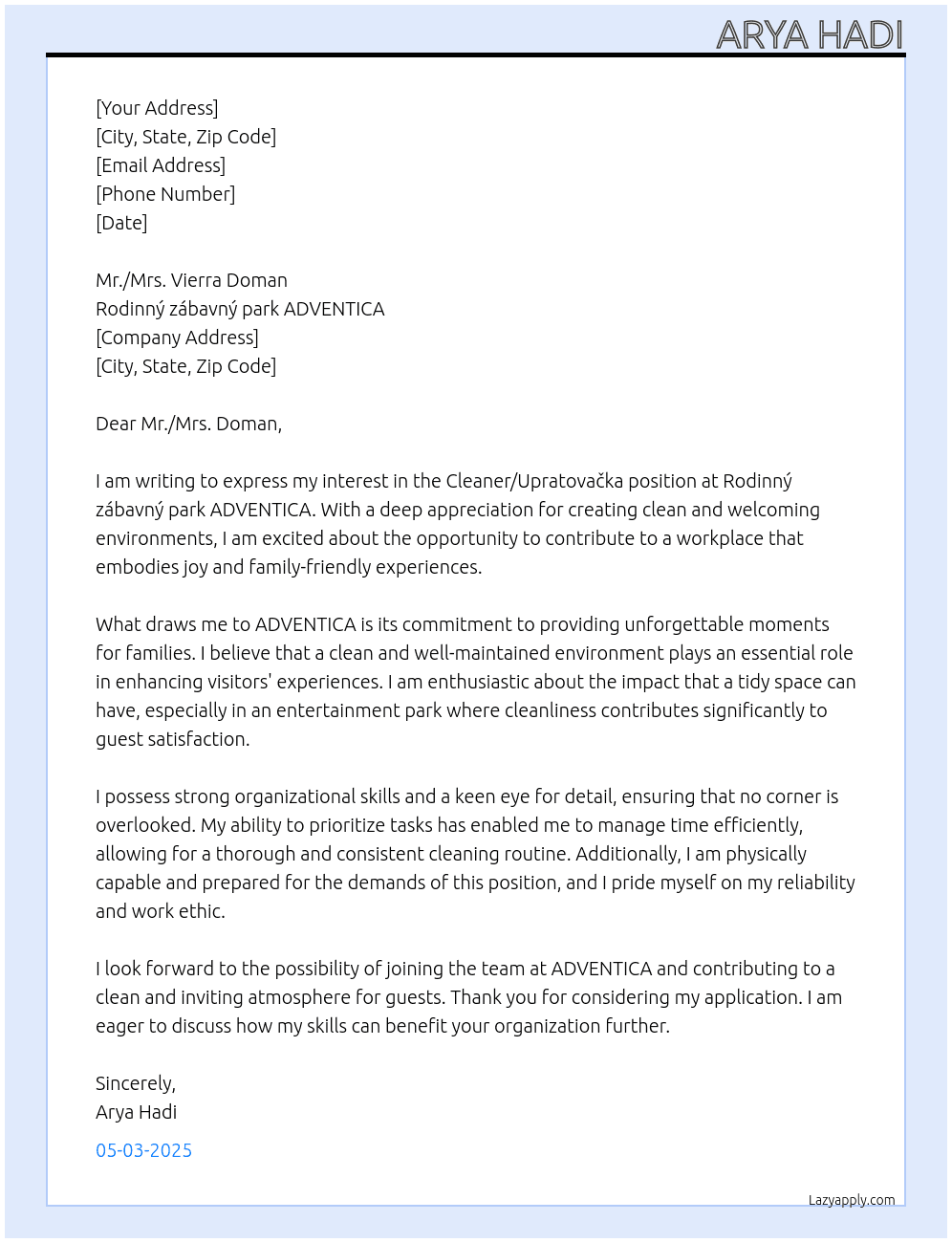 Cover letter for cleaner/upratovačka - LazyApply