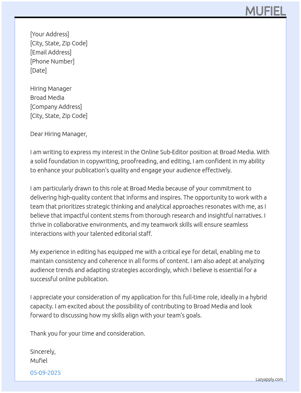 Online Sub-Editor At Broad Media Cover Letter