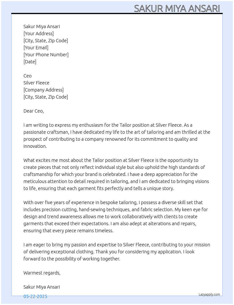 Cover letter for tailor - LazyApply