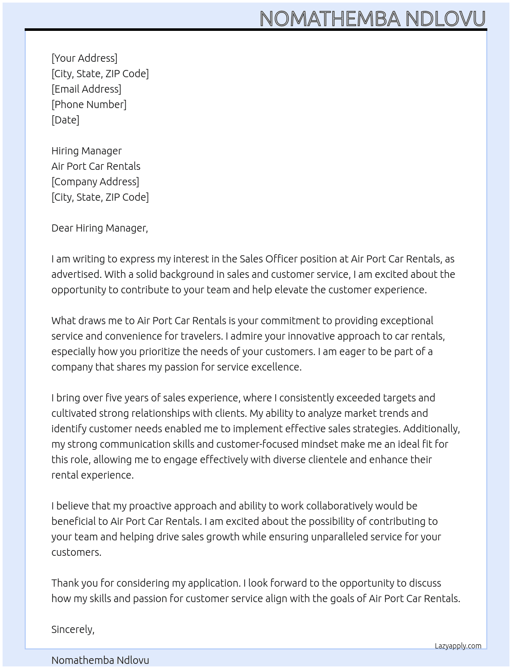 Sales Officer  At Air Port Car Rentals  Cover Letter