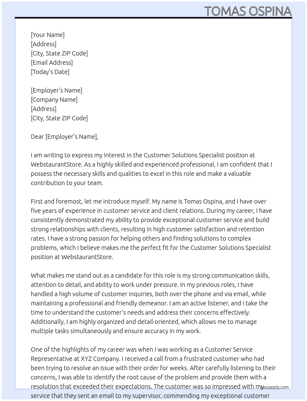 Customer Solutions Specialist At WebstaurantStore  Cover Letter