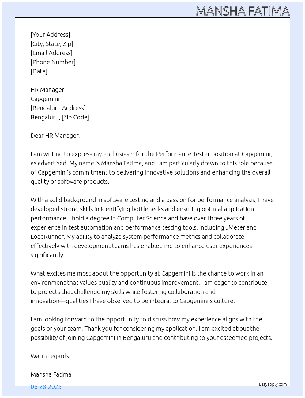 Cover letter for performance tester - LazyApply