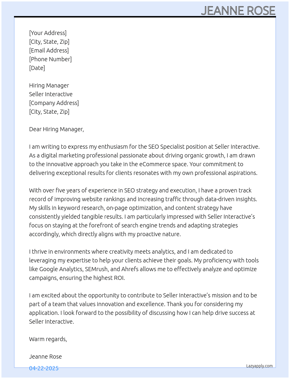 SEO Specialist At Seller Interactive Cover Letter