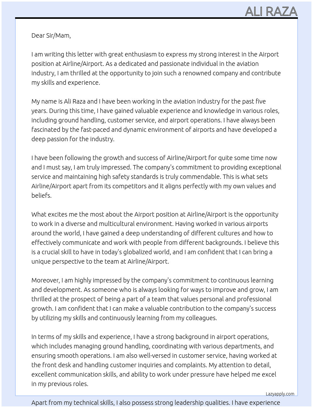 Airport At Airline / Airport Cover Letter