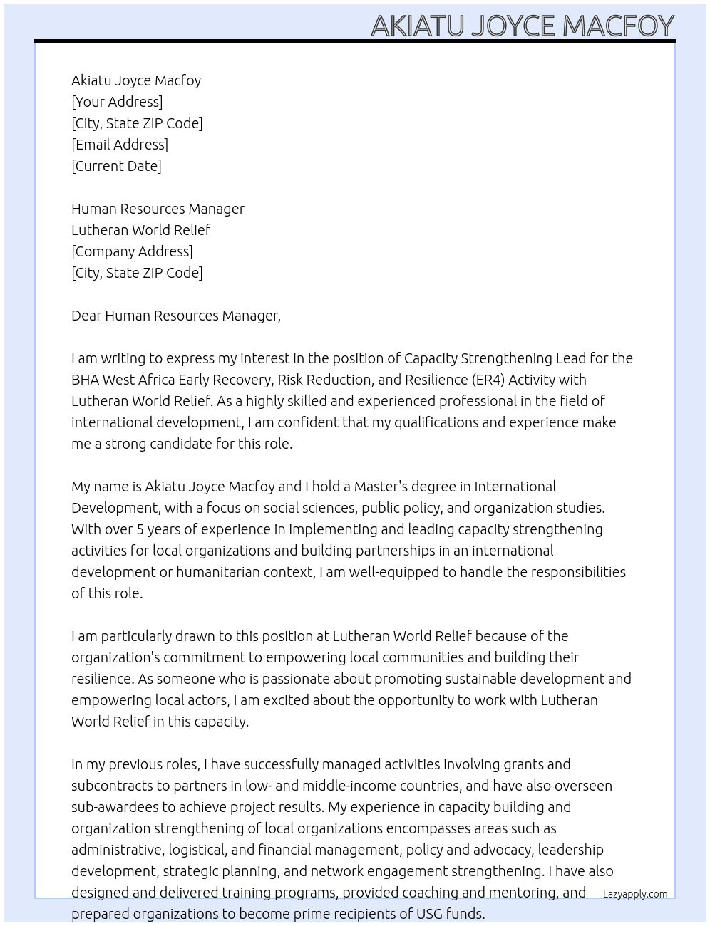 Capacity Strengthening Lead – BHA West Africa Early Recovery, Risk Reduction and Resilience (ER4) Activity At Lutheren world relief Cover Letter
