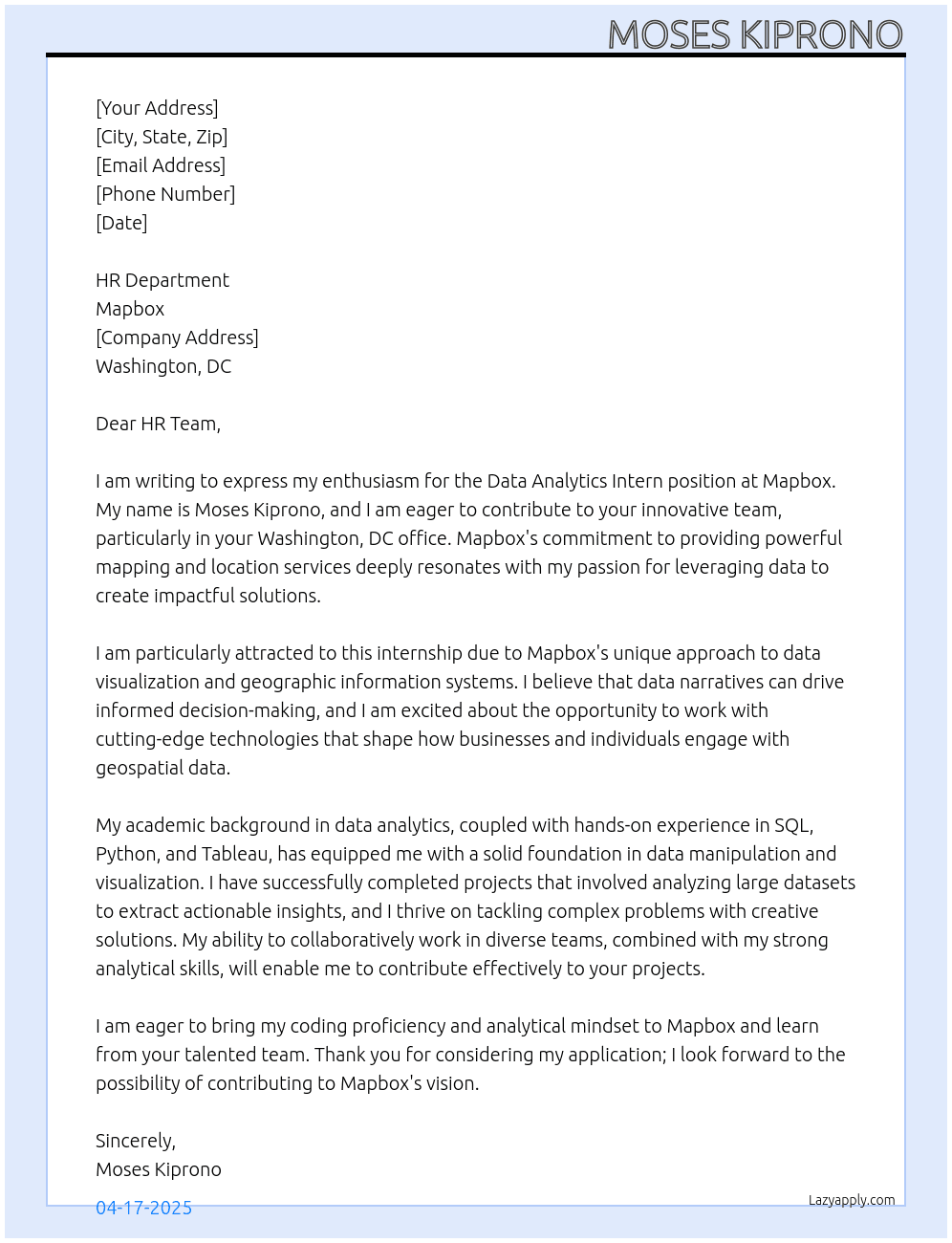 data analytics intern At mapbox Cover Letter