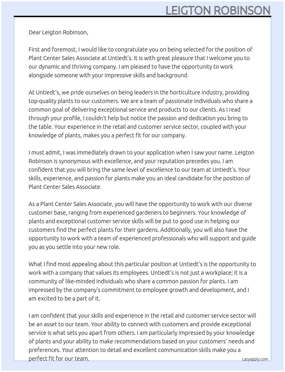 plant center sales associate At Untiedt's Cover Letter