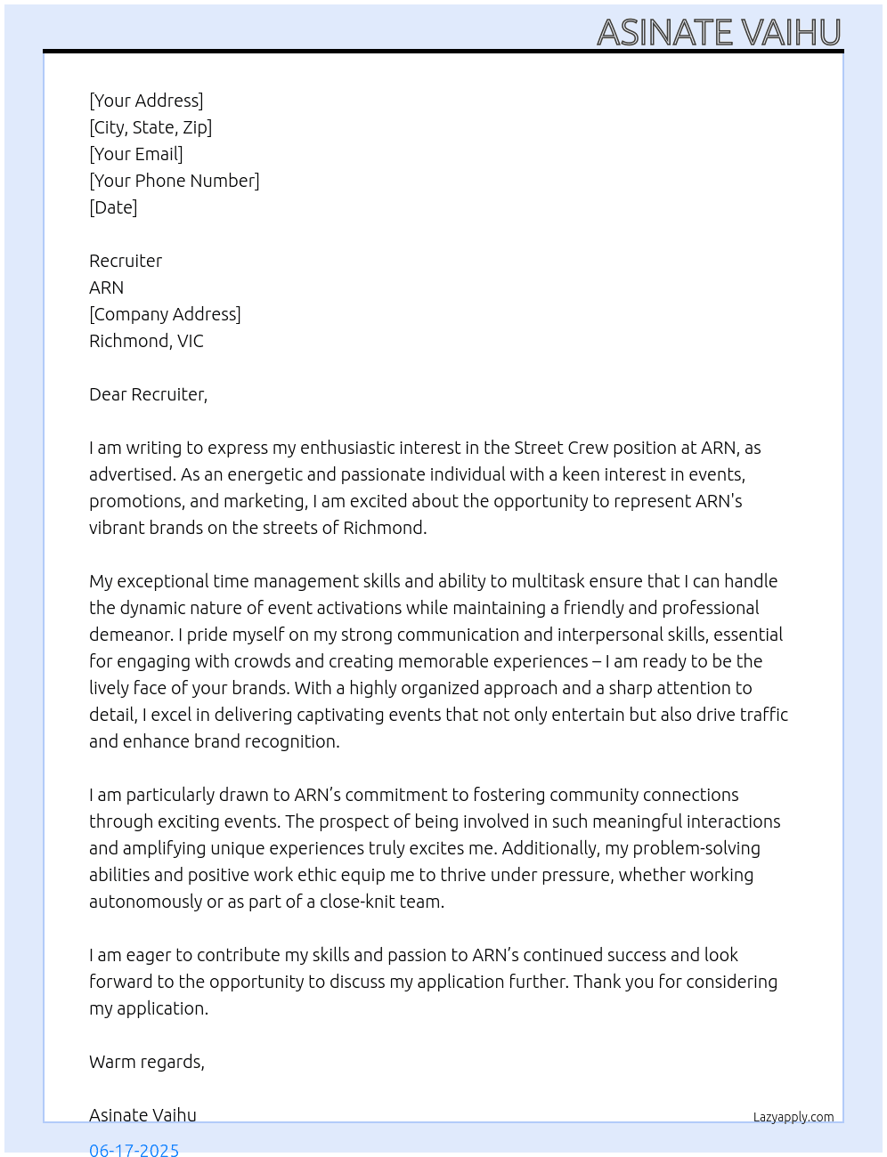 Cover letter for street crew - LazyApply