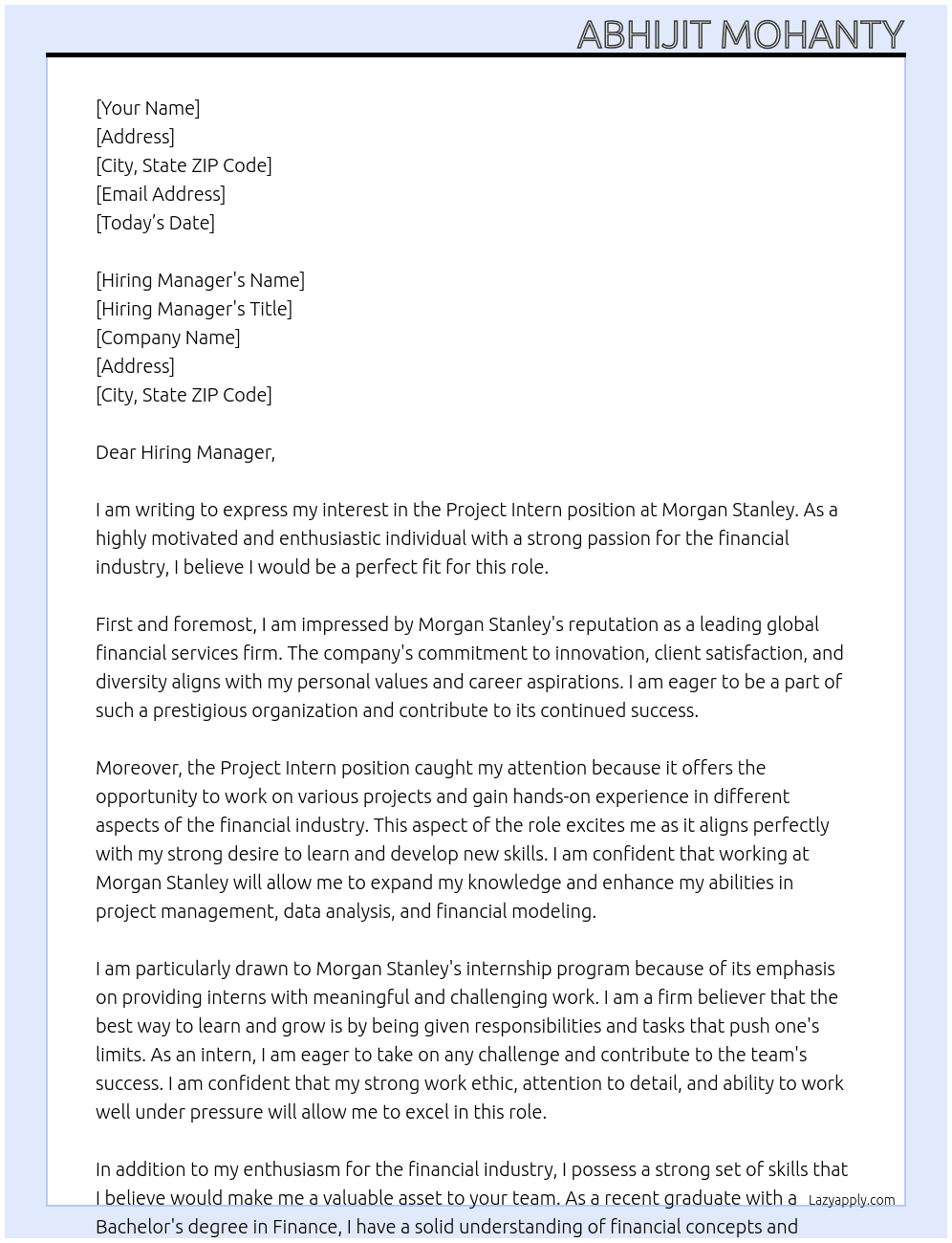 Project Intern At Morgan Stanley Cover Letter