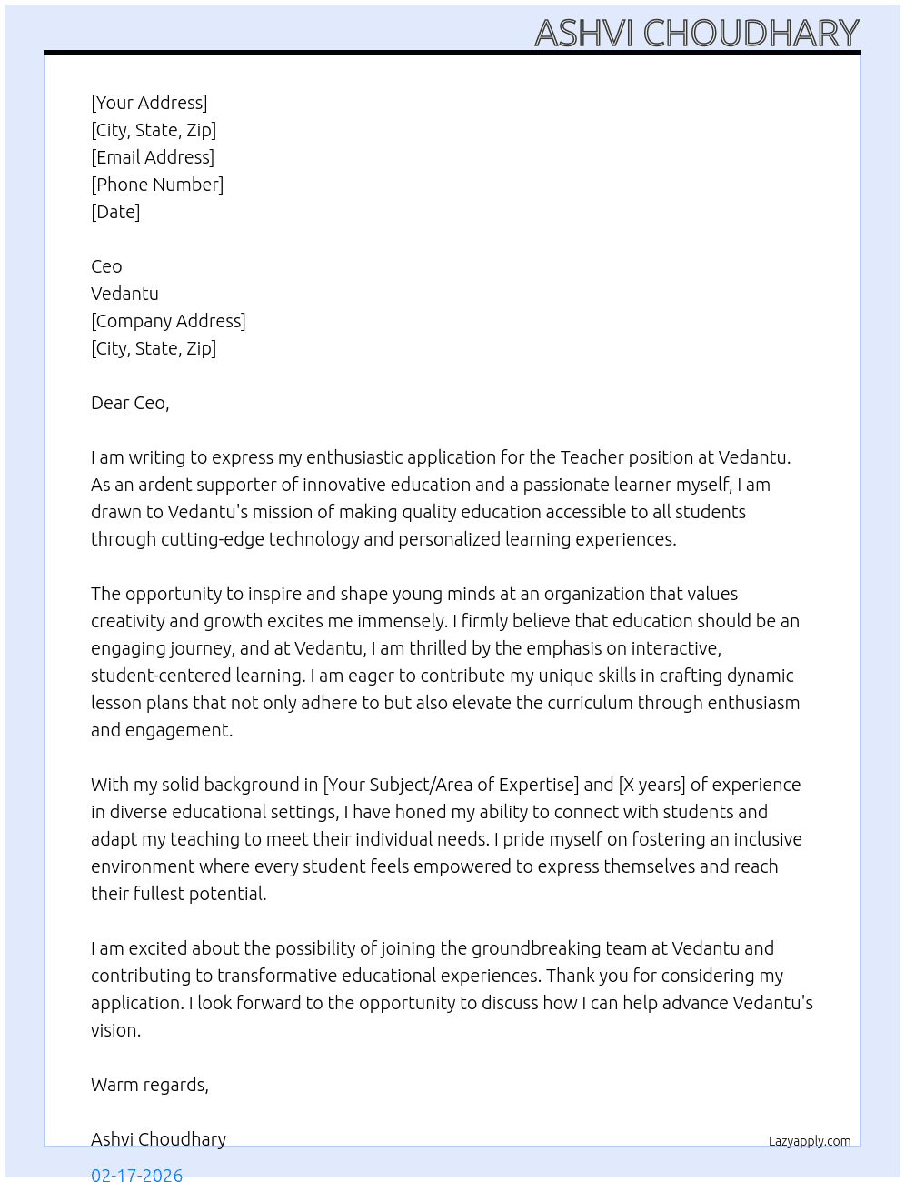 Cover letter for teacher - LazyApply