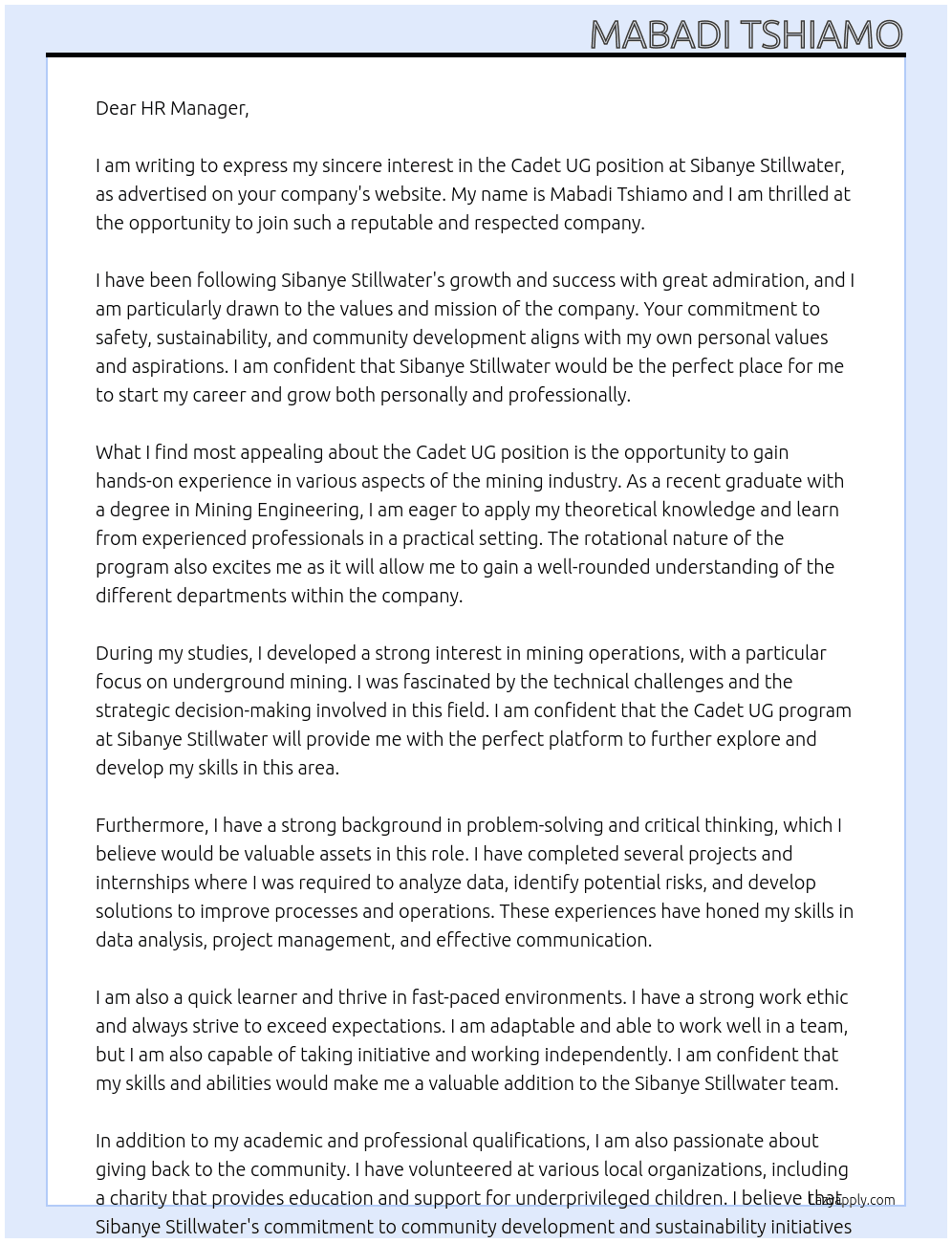 Cadet UG At Sibanye Stillwater Cover Letter
