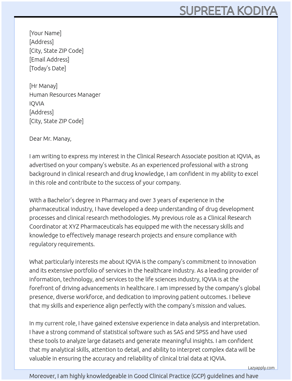 Clinical research associate At IQVIA Cover Letter