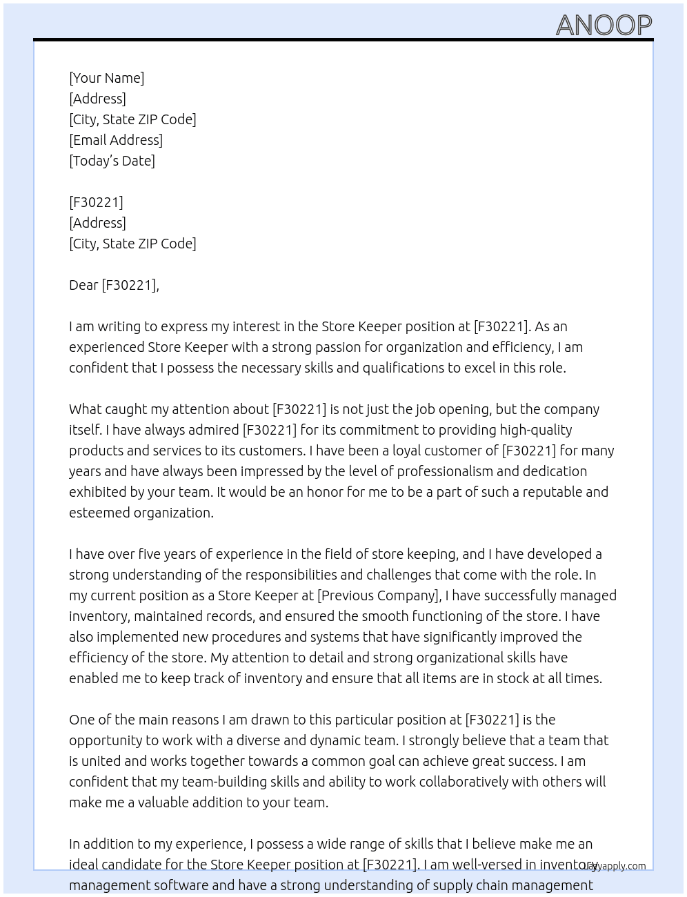 Store Keeper  At  F30221 Cover Letter