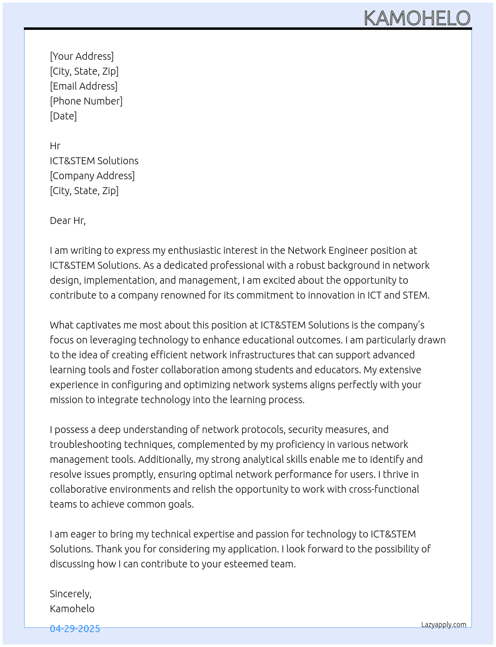 Network engineer At ICT&STEM Solutions Cover Letter