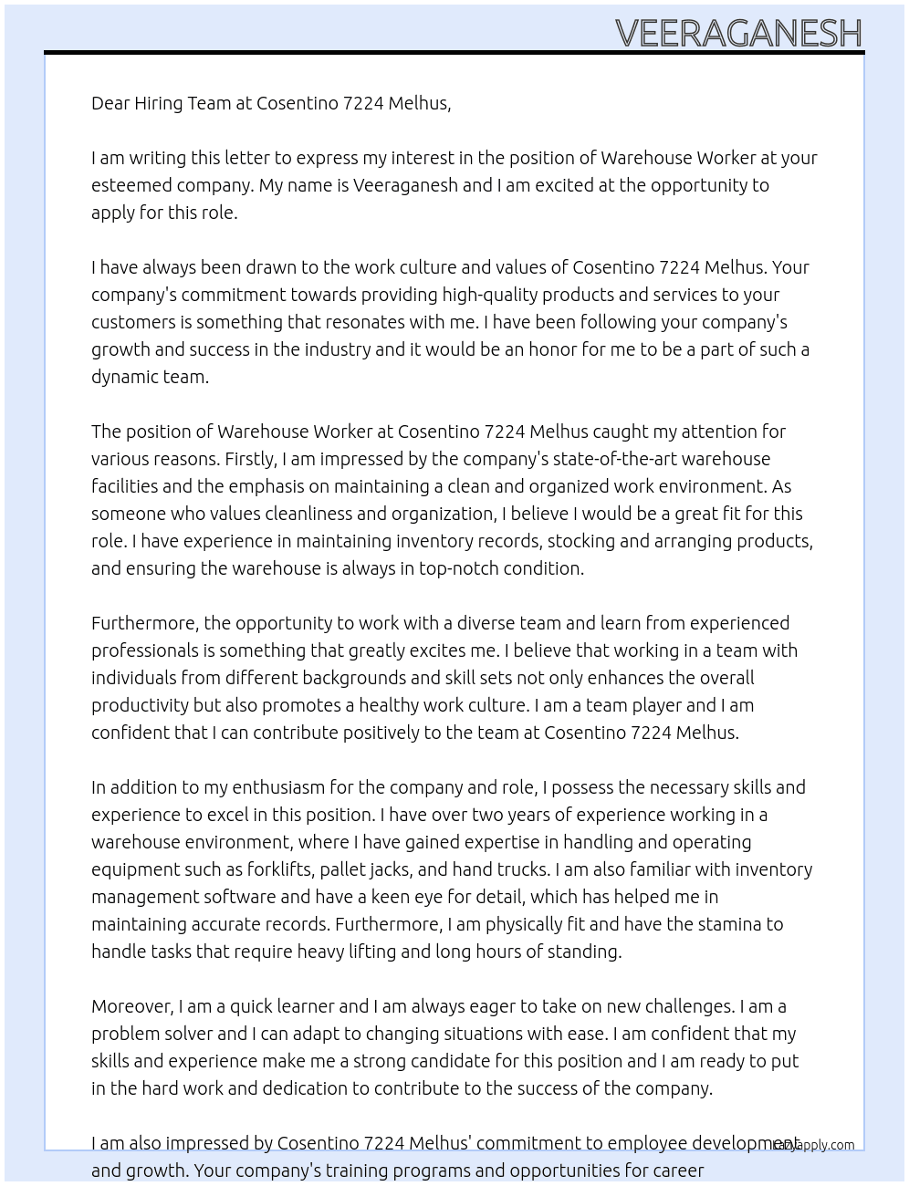 Warehouse worker At Cosentino 7224 melhus Cover Letter