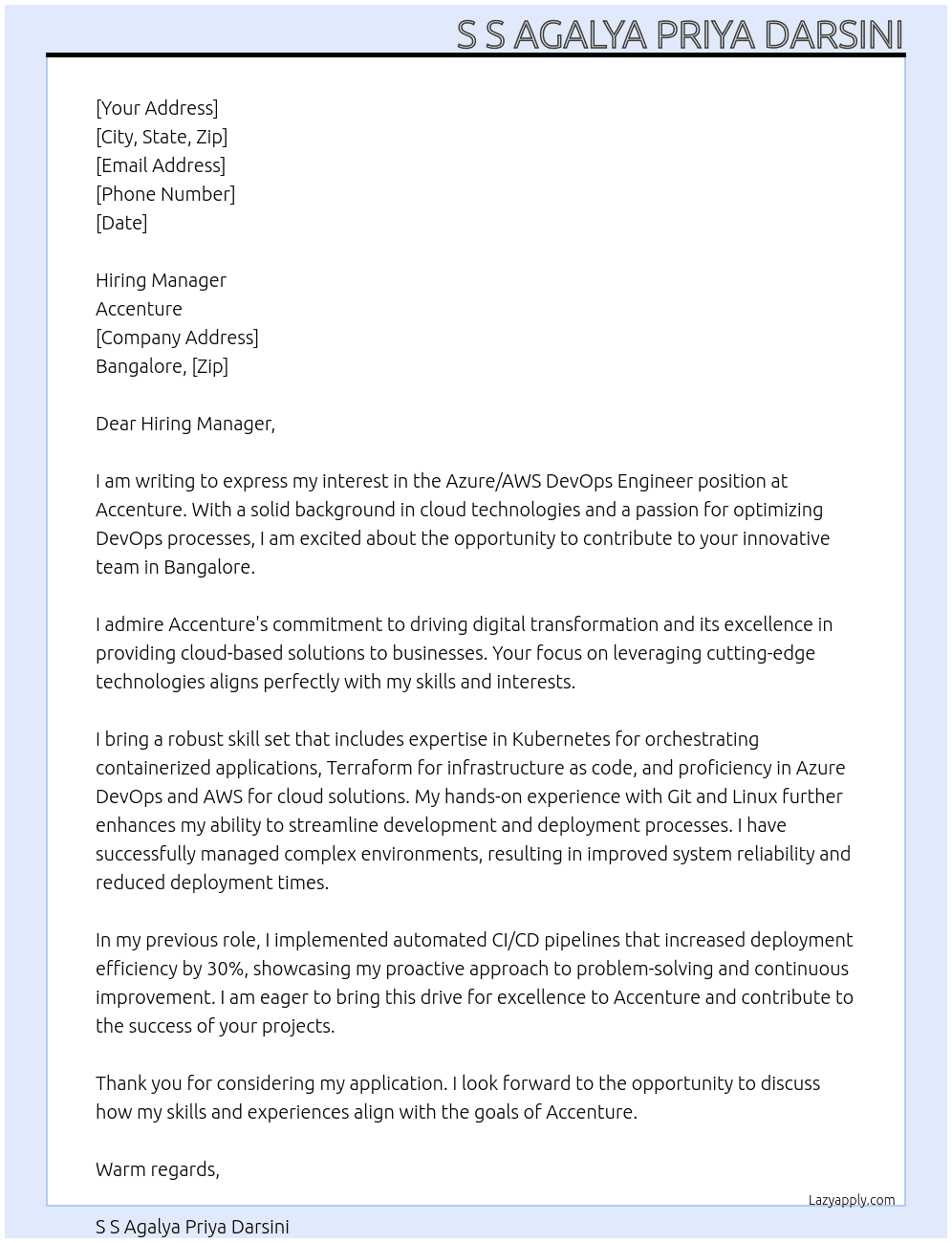 Azure/AWS Devops engineer At Accenture Cover Letter