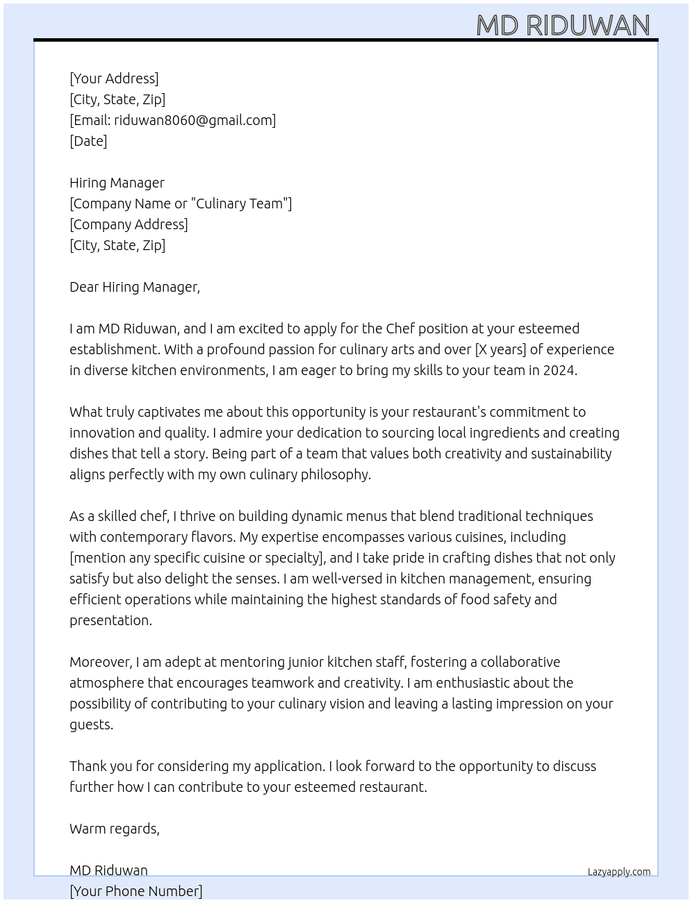 Chef At riduwan8060@gmail.com Cover Letter
