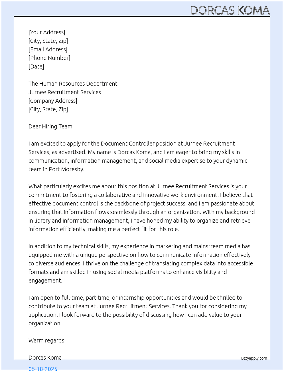 Document Controller At Jurnee Recruitment Services  Cover Letter