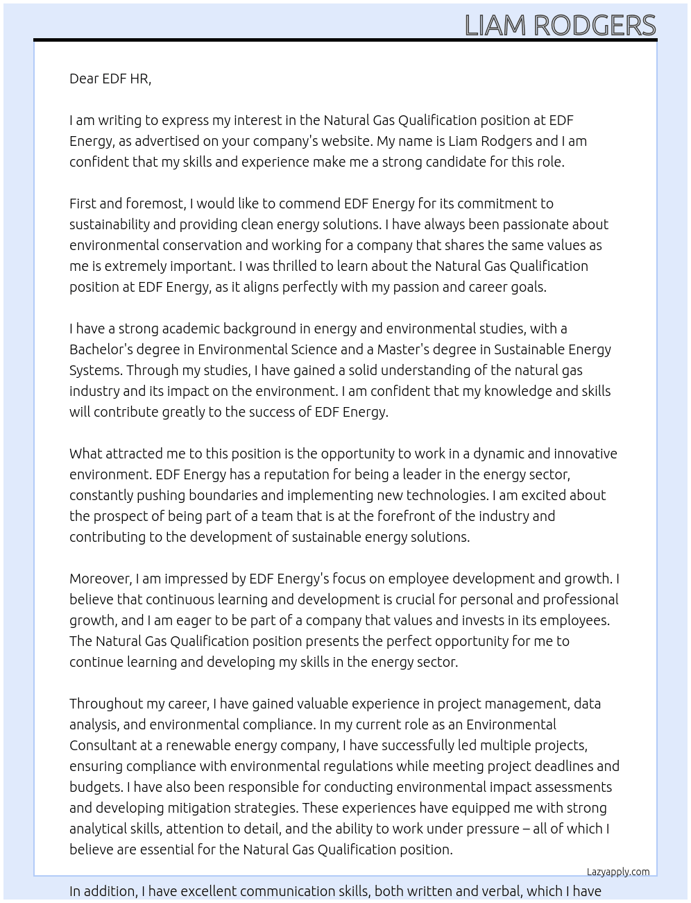natural gas qualification At edf energy Cover Letter