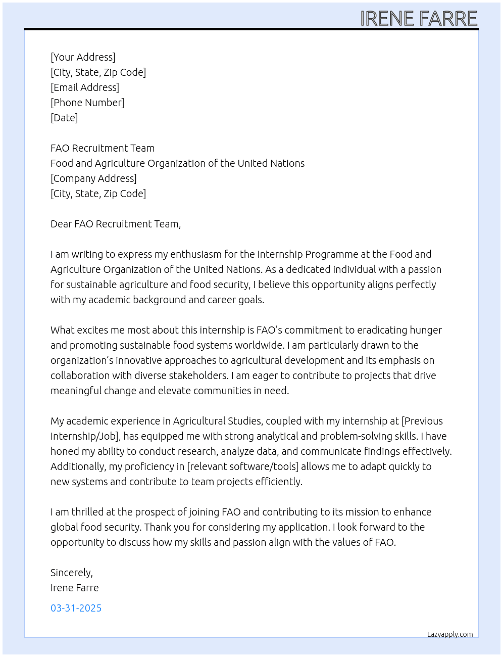 Internship Programme At FAO - Food and Agriculture Organization of the United Nations  Cover Letter