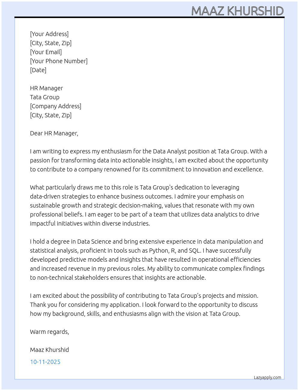 Data Analyst At Tata Group Cover Letter