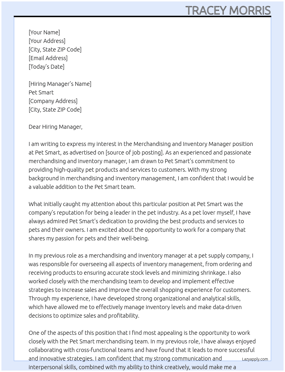 Merchandising and Inventory Manager At Pet Smart Cover Letter