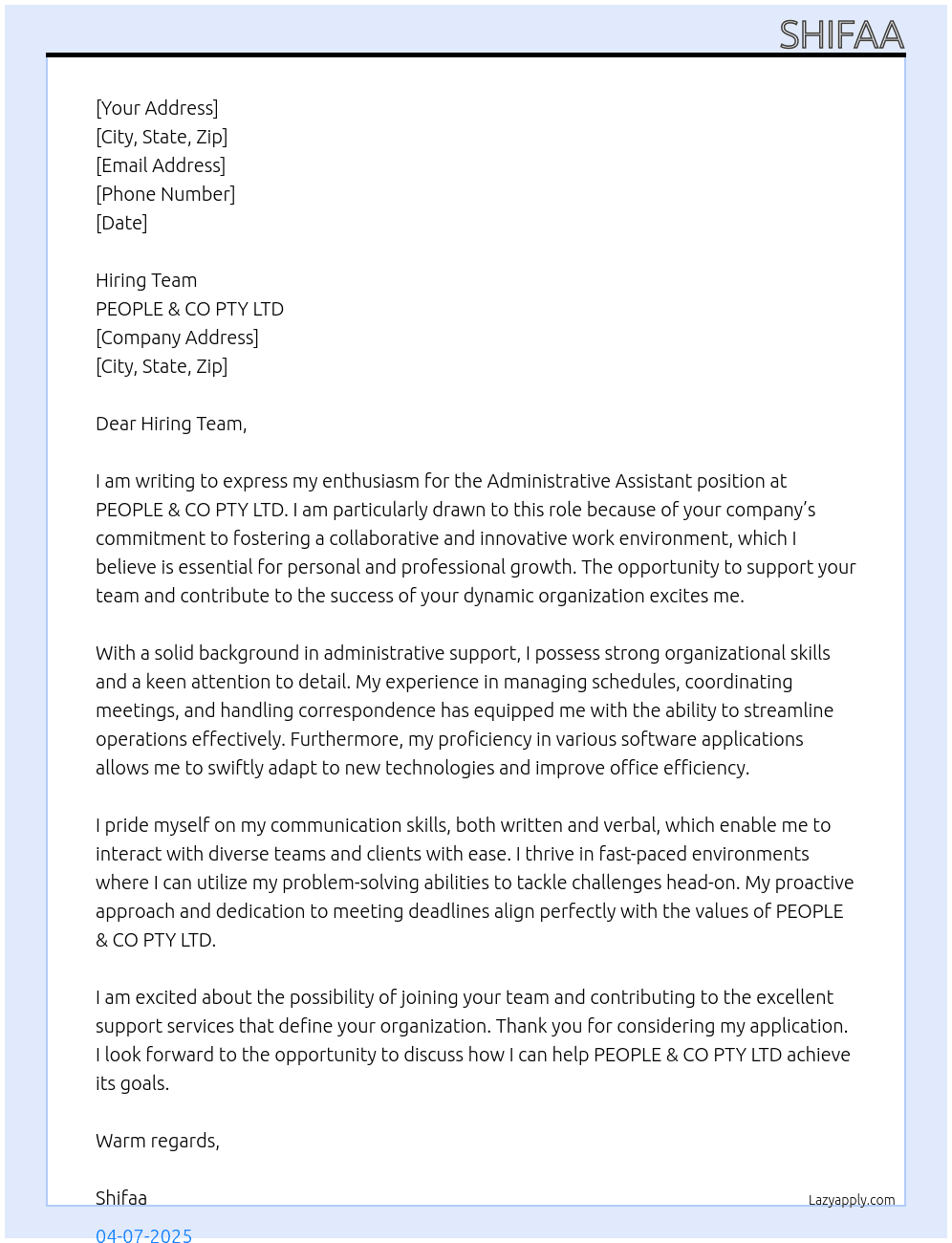 Administrative Assistant At PEOPLE & CO PTY LTD Cover Letter